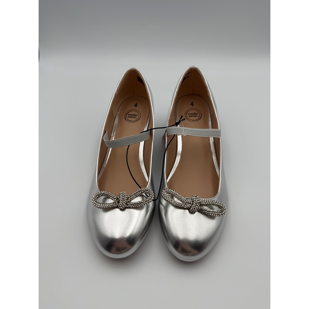 Wonder Nation Girls Silver Metallic Mary Jane Block Heels Sz4 Rhinestone Bow NWT